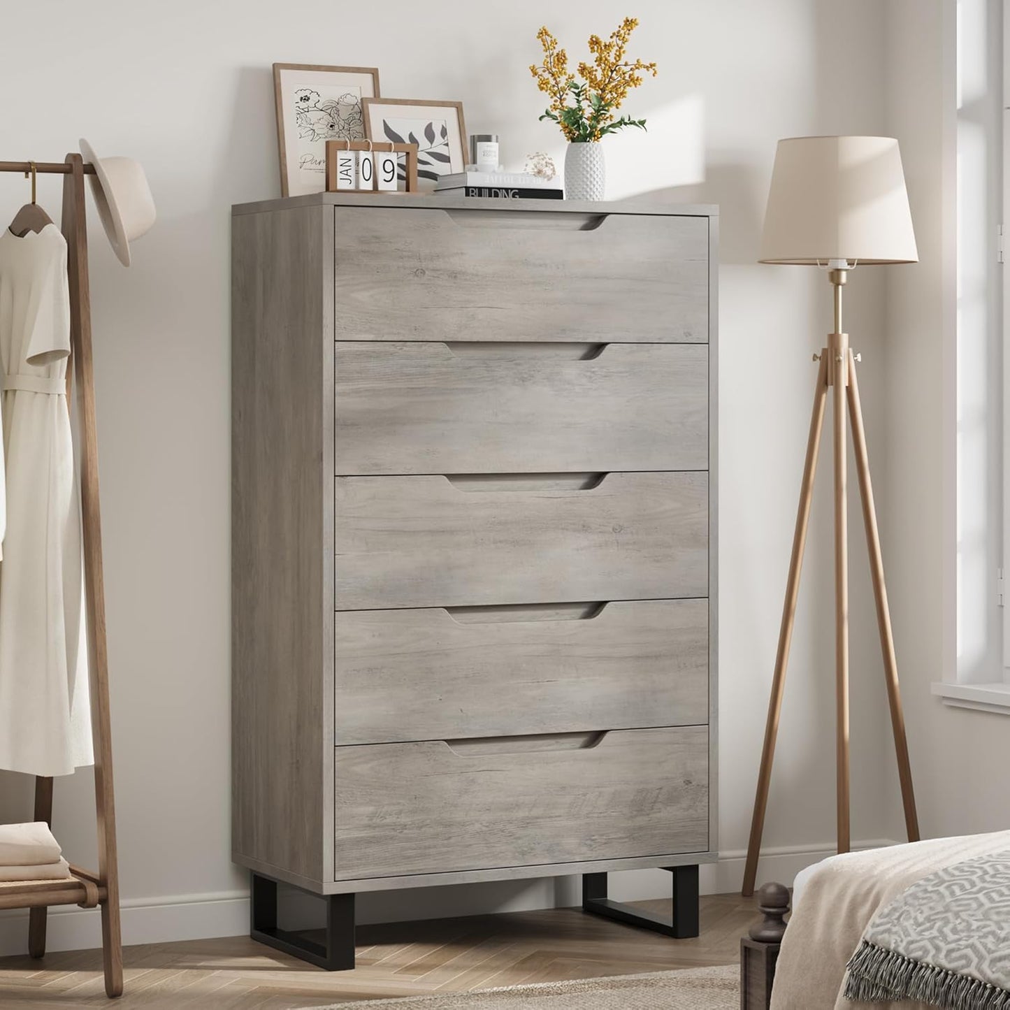 5 Dresser for Bedroom, 50.5" Tall Dresser, Freestanding Vertical Drawer with Storage, Wooden Closet Chest Storage for Living Room, Hallway, Entryway, Ash Grey