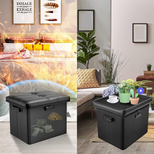 Storage Ottoman with Lock,Fireproof Folding Ottoman Foot Rest Stool Storage Chest with Storage Safe for Important Documents,Waterproof 17 Inches Short Ottoman Foot Stool with Handles,Black