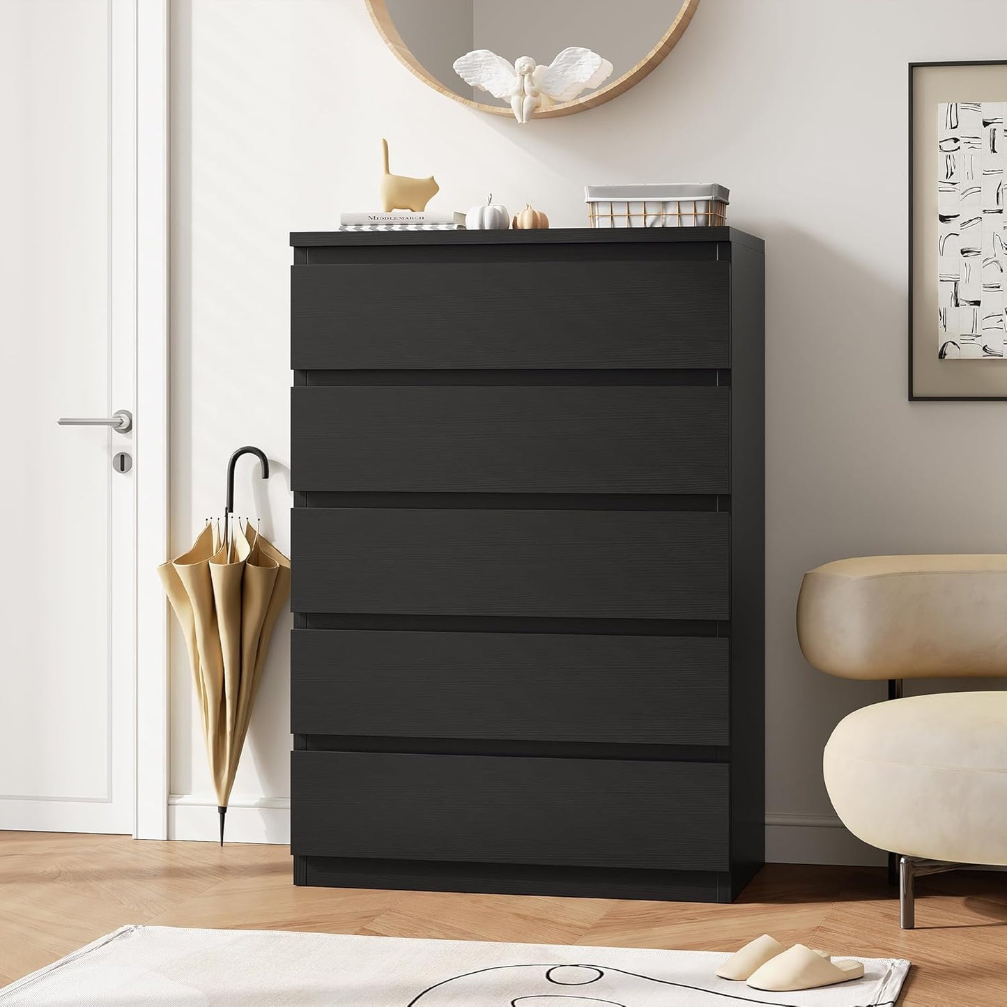 Black 5 Drawer Dresser for Bedroom, 15" D X 23.7" W X 40.4" H in Simply Chest of Drawers, Wood Storage Dresser with Drawers for Living Room Hallway Entryway, Black