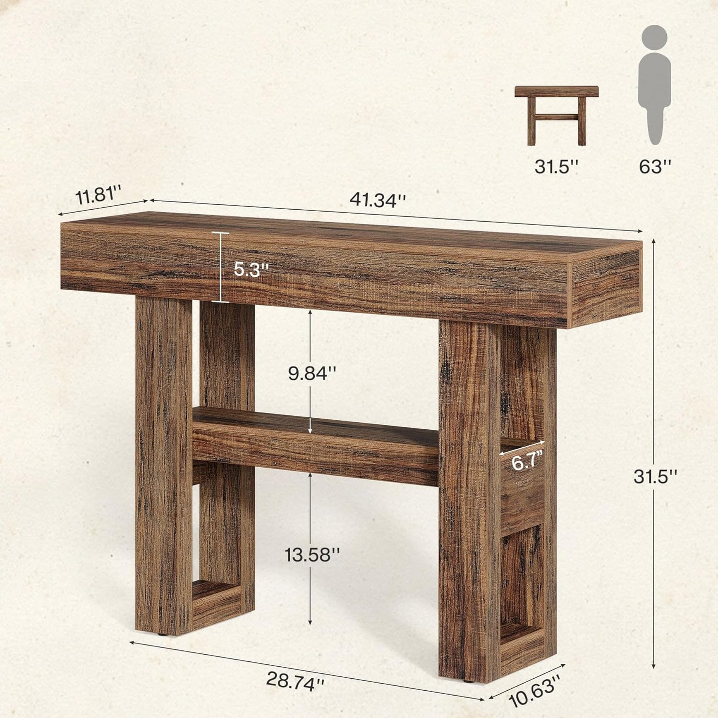 41.34-Inch Farmhouse Console Table, 2-Tier Narrow Sofa Table behind the Couch, Entryway Furniture with Storage Shelves for Hallway Foyer Living Room, Rustic Brown