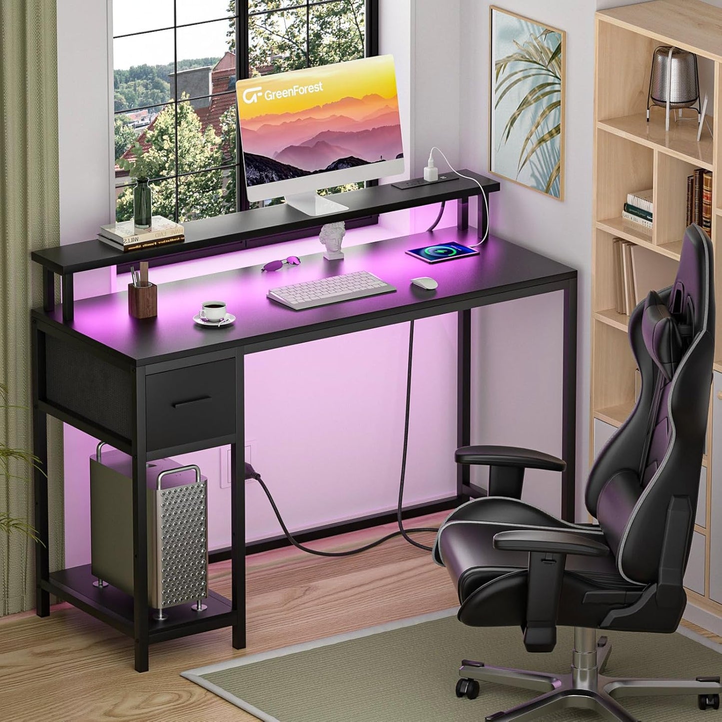 Gaming Desk 39 Inch with LED Lights and Monitor Stand, Computer Desk with Drawer for Small Spaces, Office Desk with Power Outlets and Shelf, Black
