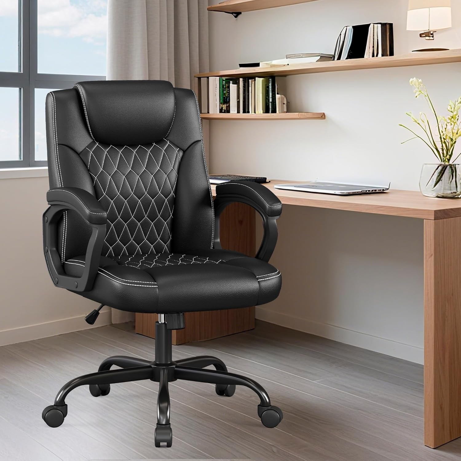 Office Chair, Executive Desk Chair, PU Leather Comfortable Executive Chairs with Fixed Armrest, Adjustable Height, Rocking Function, 360° Swivel Wheels, Black