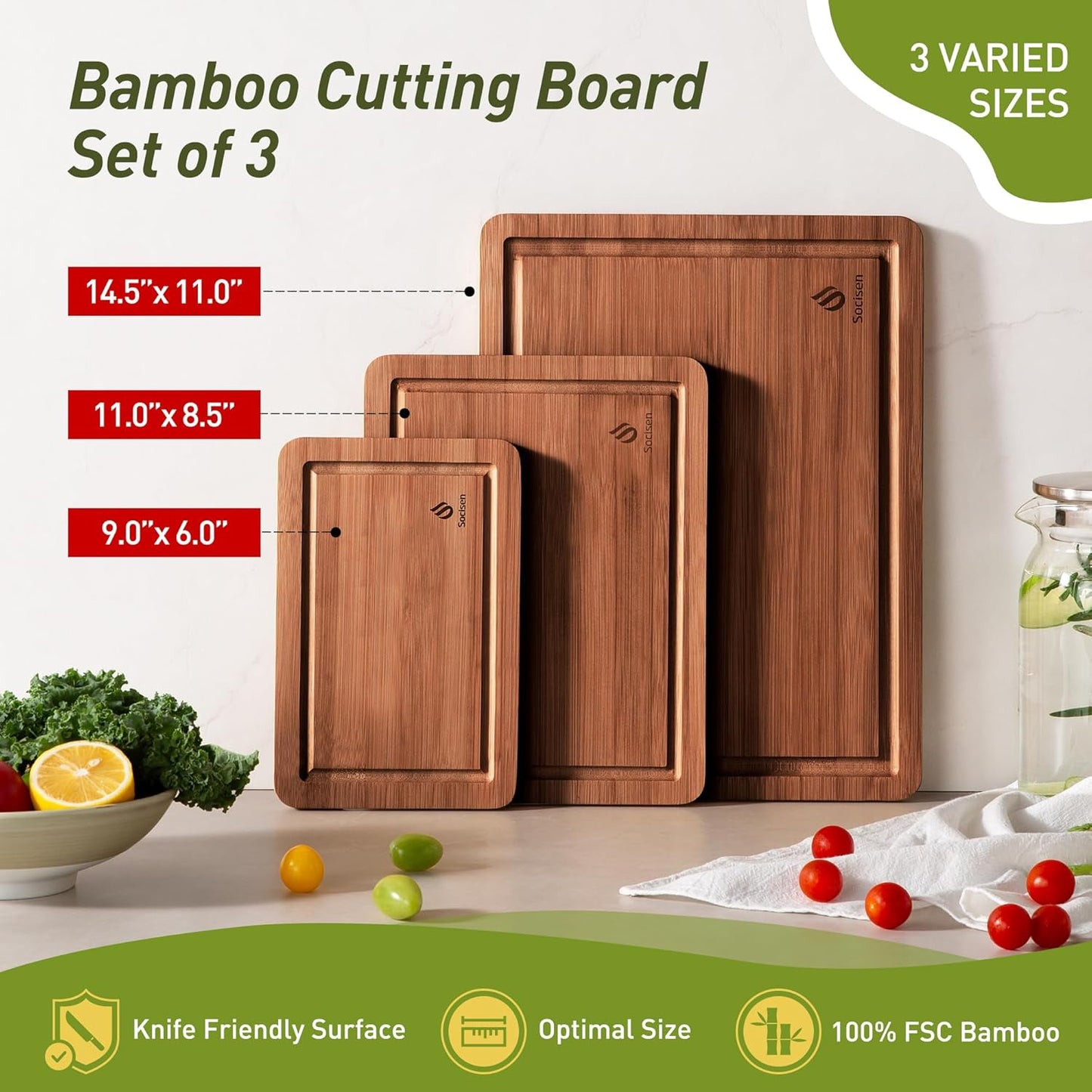 3 Packs Bamboo Cutting Board Set with Non Slip Feet and over Sink Nice Solid Thick Wood Juice Groove Chopping Board Extra Large Big Small Best Hardwood Kitchen Counter Organic Vegetable