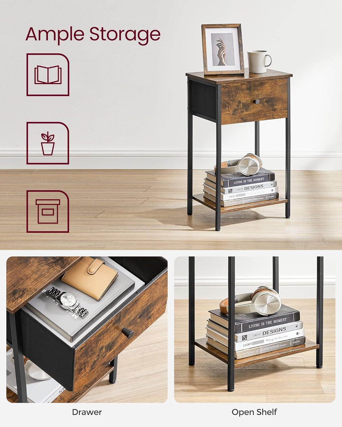 Nightstand, Side Table with Fabric Drawer, 24-Inch Tall End Table with Storage Shelf, Bedroom, Rustic Brown and Black ULGS021B01