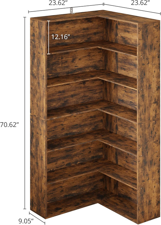Corner Bookshelf, 6 Tiers Corner Bookcases with Baffles Etagere Shelf Storage Rack for Living Room Home Office, Vintage Brown