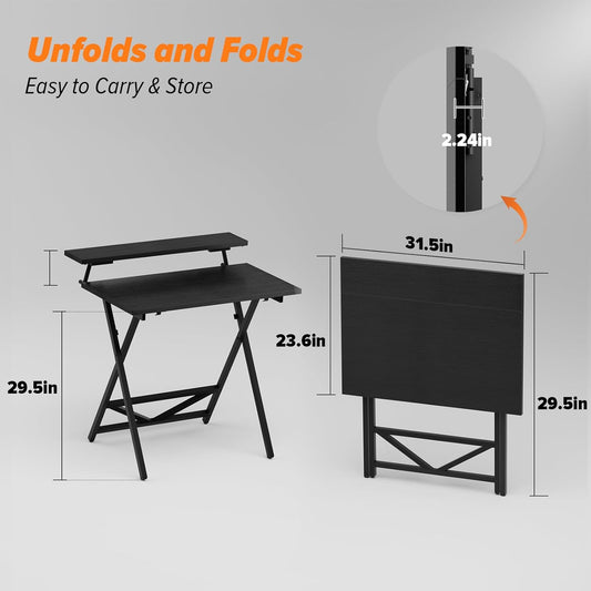 Folding Computer Desk with Adjustable Height, 23.6" X 31.5" X 25.6" Foldable Table with Monitor Stand, Small Office Desk for Bedroom, Space Saving Desk for Home Office, Easy Assemble, Black