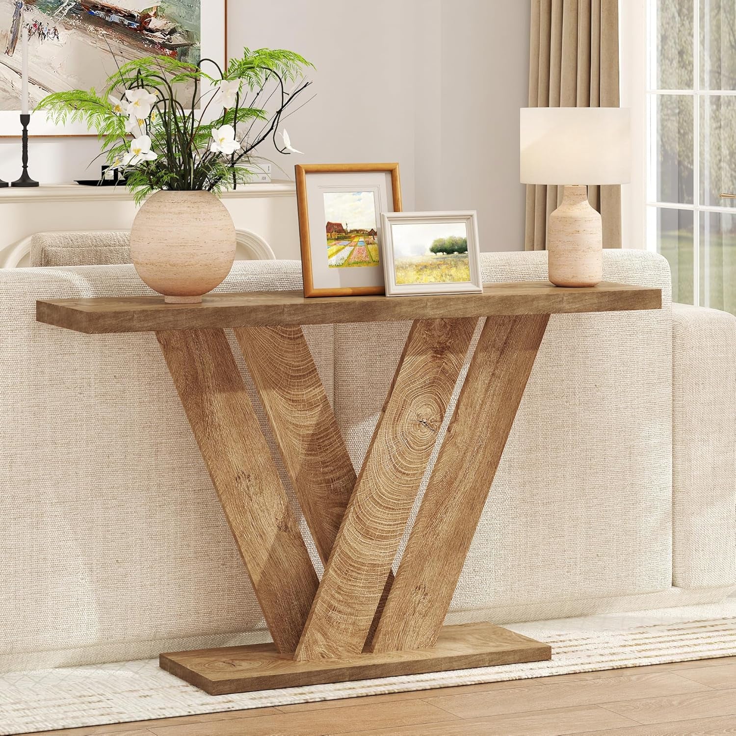 51 Inch Console Table, Farmhouse Entryway Table with V-Shaped, Wood Sofa Table behind Couch Table, Narrow Entryway Accent Table for Living Room, Hallway, Entrance, Foyer, Easy Assembly, Grey
