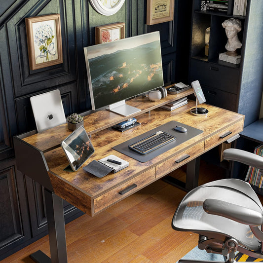 Standing Desk 48X26 Inches with 3 Wood Drawers and Monitor Shelf, Ergonomic Rising Home Office Desks, Height Adjustable Computer Desk, Sit Stand up Electric Workstation Table, Rustic Brown