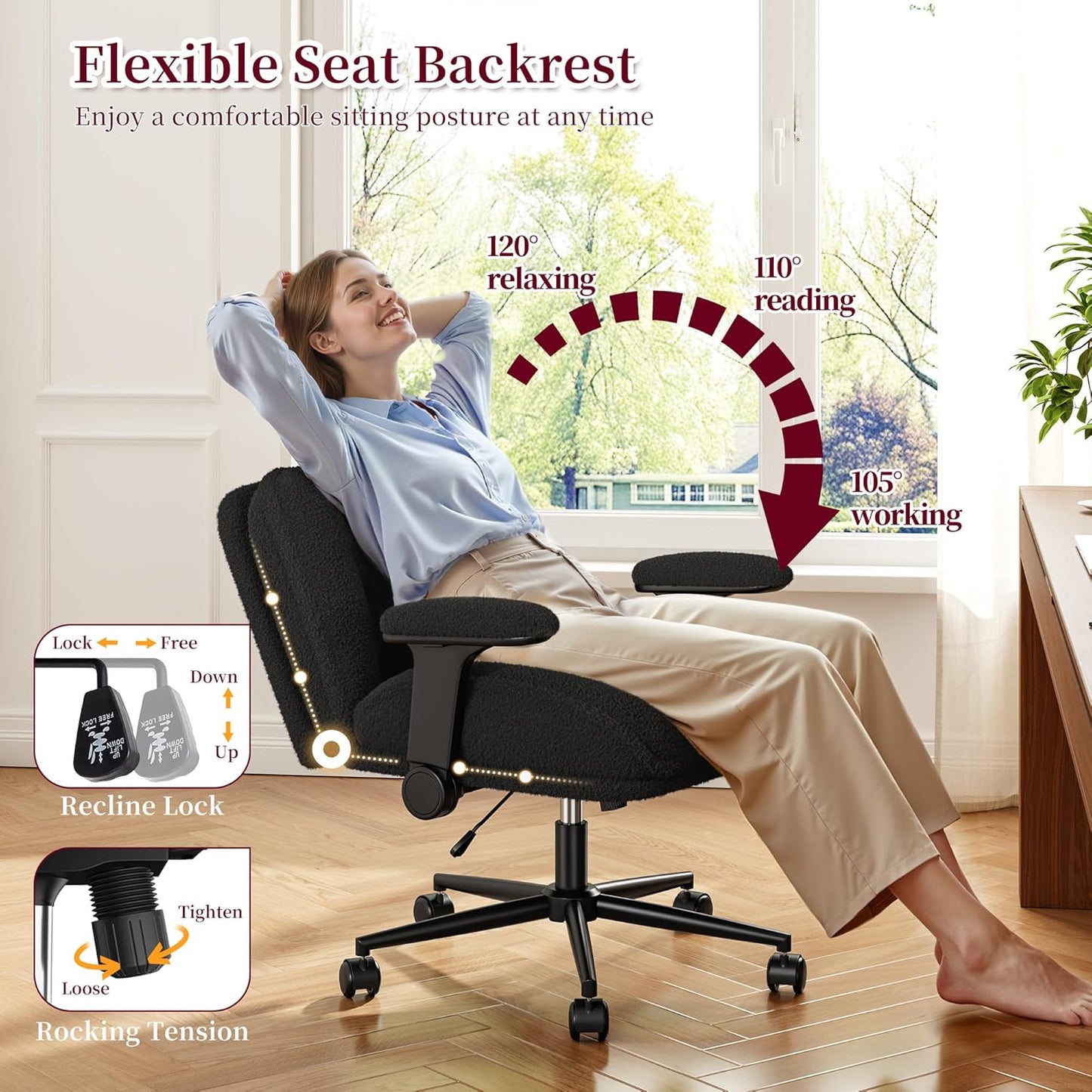 Cross Legged Office Chair with Flip-Up Arms, Wide Criss Cross Chair with Wheels & Extra-Deep Seat Thickened for Home Office, Vanity, Apartment Dorms,Plush Cushion,Cute,Comfy,Grey
