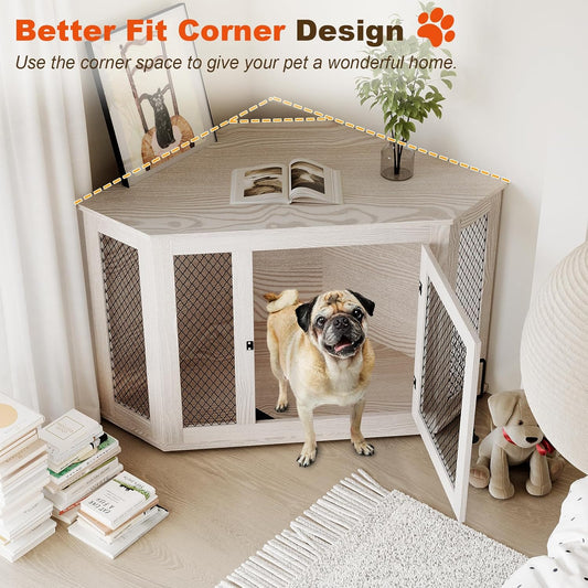 Corner Dog Crate Furniture,44 Inch Decorative Pet Crate with Metal Mesh,Wooden Dog Kennel Indoor Use for Small Medium Dogs,Dog House TV Stand,Perfect for Limited Room,White