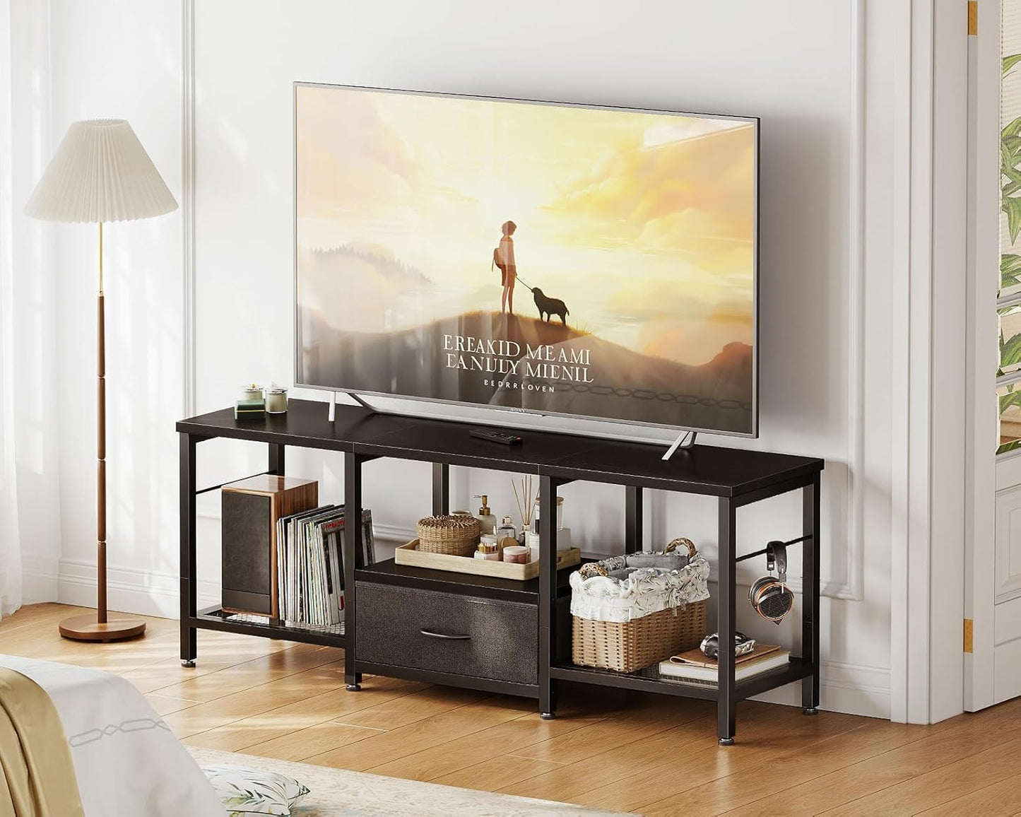 Pure black TV stand with open shelves, fabric drawers and soundbar shelf, view 7