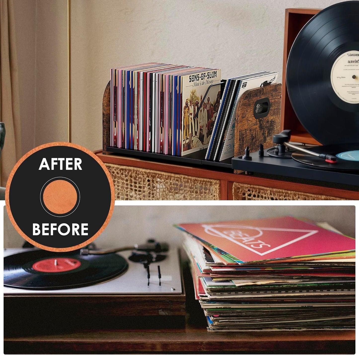 Vinyl Record Storage Holder, Expandable Record Holder Rack with Movable Divider, 110 LP Album Display Shelf Stand, Magazine Holder (Rustic Brown, 1-Tier)