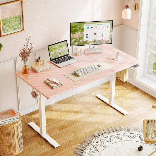Electric Height Adjustable Standing Desk, 48 Inch Pink Computer Desk for Women Girls, Sit Stand Table for Home, Office, Bedroom