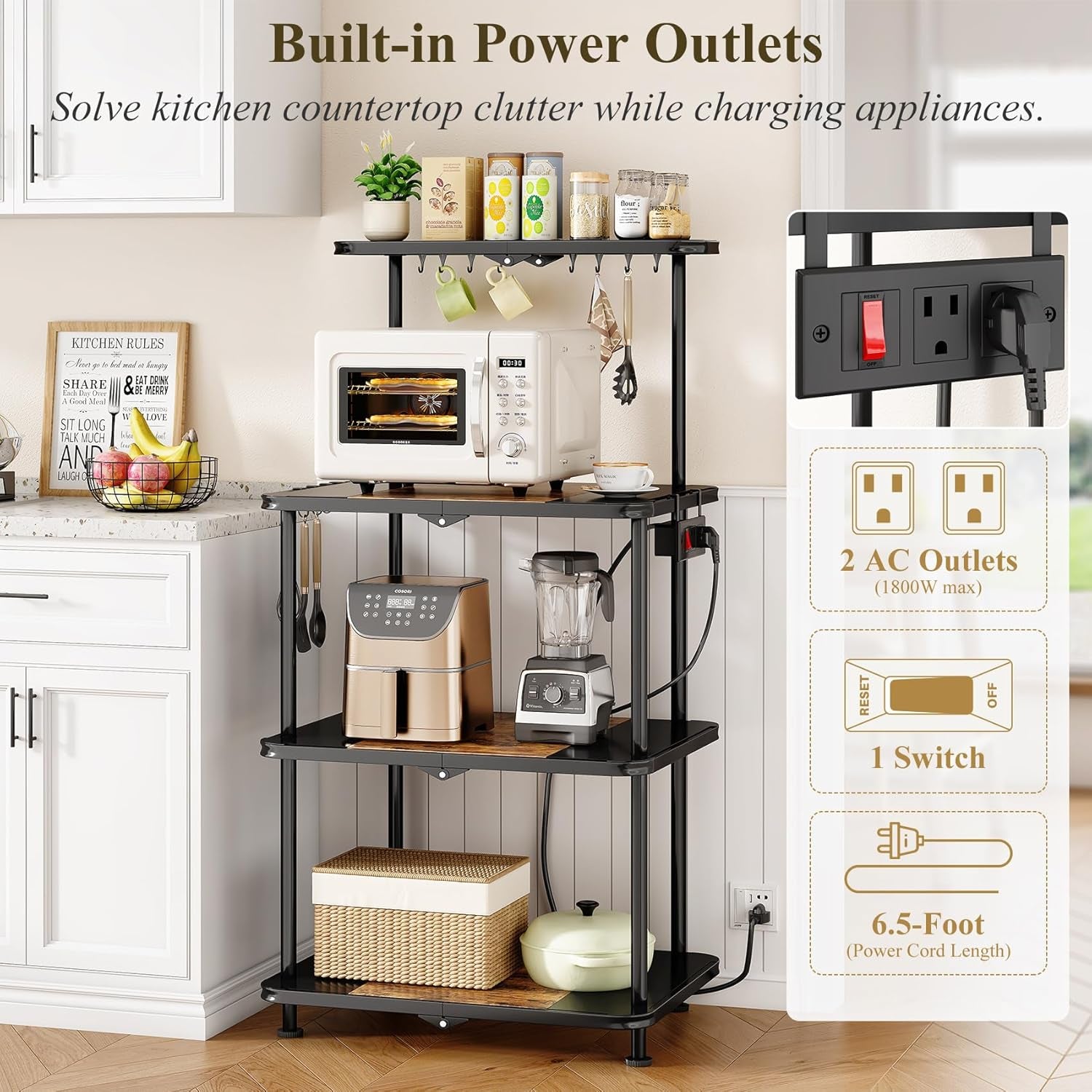 Kitchen Bakers Rack with Power Outlet - Easy & Tool-Free Assembly, Adjustable Coffee Bar Station 4 Tiers, Microwave Stand with 12 Hooks, Brown