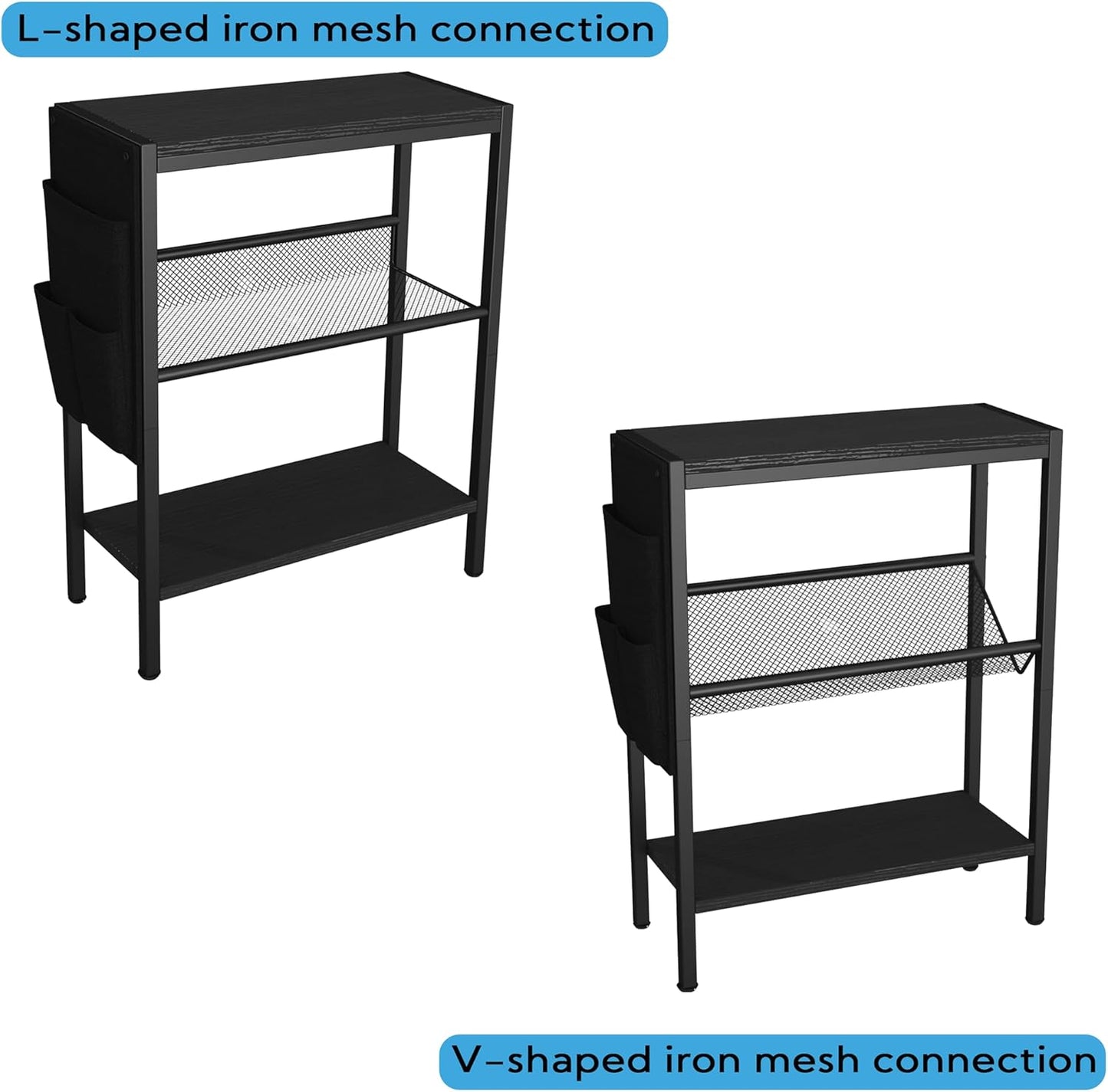 Small Narrow Side Table for Small Spaces, Slim End Table with Storage Bag, Sofa Snack Table with Adjustable Metal Mesh, 3 Tier Accent Skinny beside Table for Living Room & Bedroom, Black Oak
