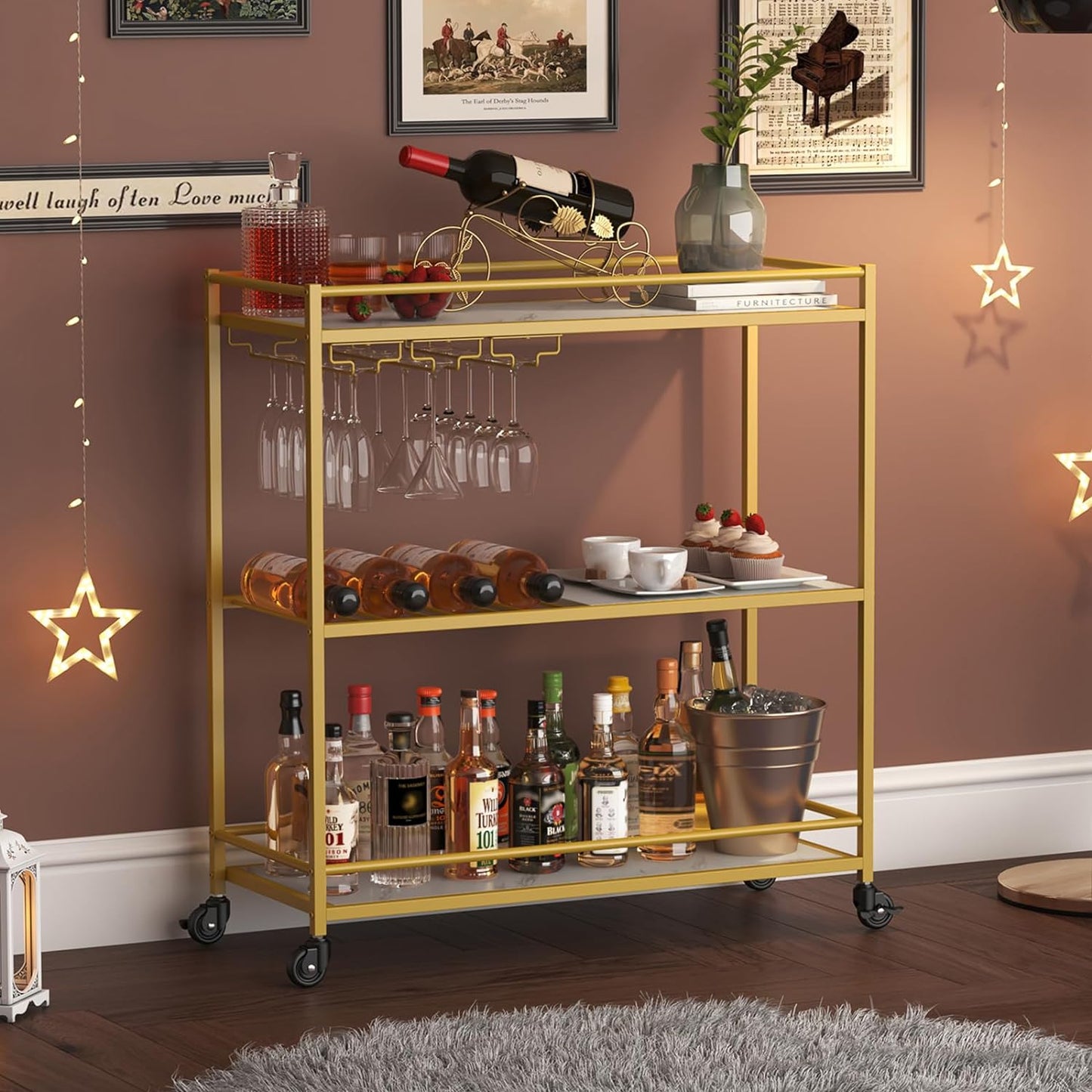 Bar Cart Gold, 3 Tier Wine Rolling Cart with Lockable Wheels, 12 Glass Holders and 4 Wine Rack, Home Serving Drink Liquor Cart for Kitchen Dining Living Room, 31.6" X 13.1" X 33.9", Gold