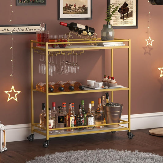Bar Cart Gold, 3 Tier Wine Rolling Cart with Lockable Wheels, 12 Glass Holders and 4 Wine Rack, Home Serving Drink Liquor Cart for Kitchen Dining Living Room, 31.6" X 13.1" X 33.9", Gold