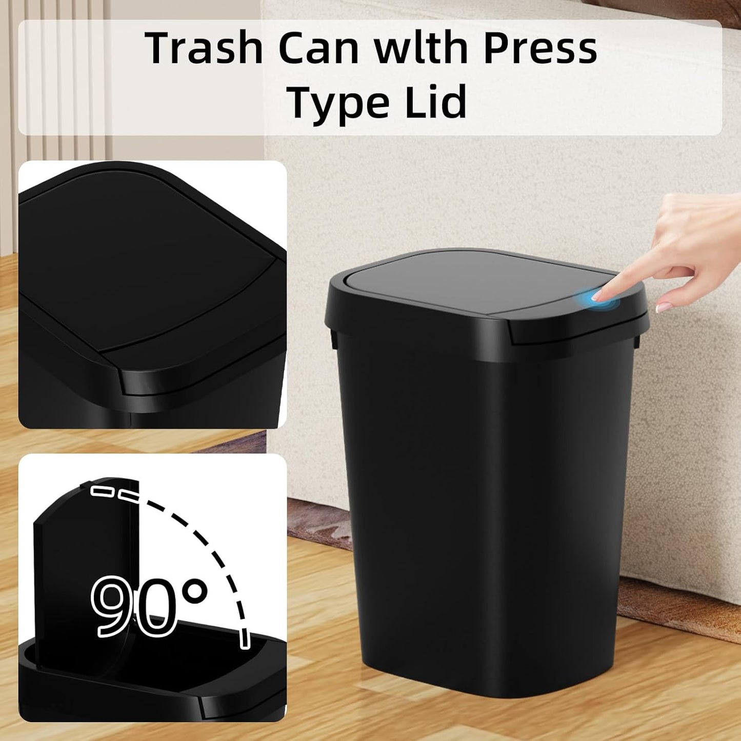 Black slim bathroom trash cans with pop-up lids, pack of three, view 7