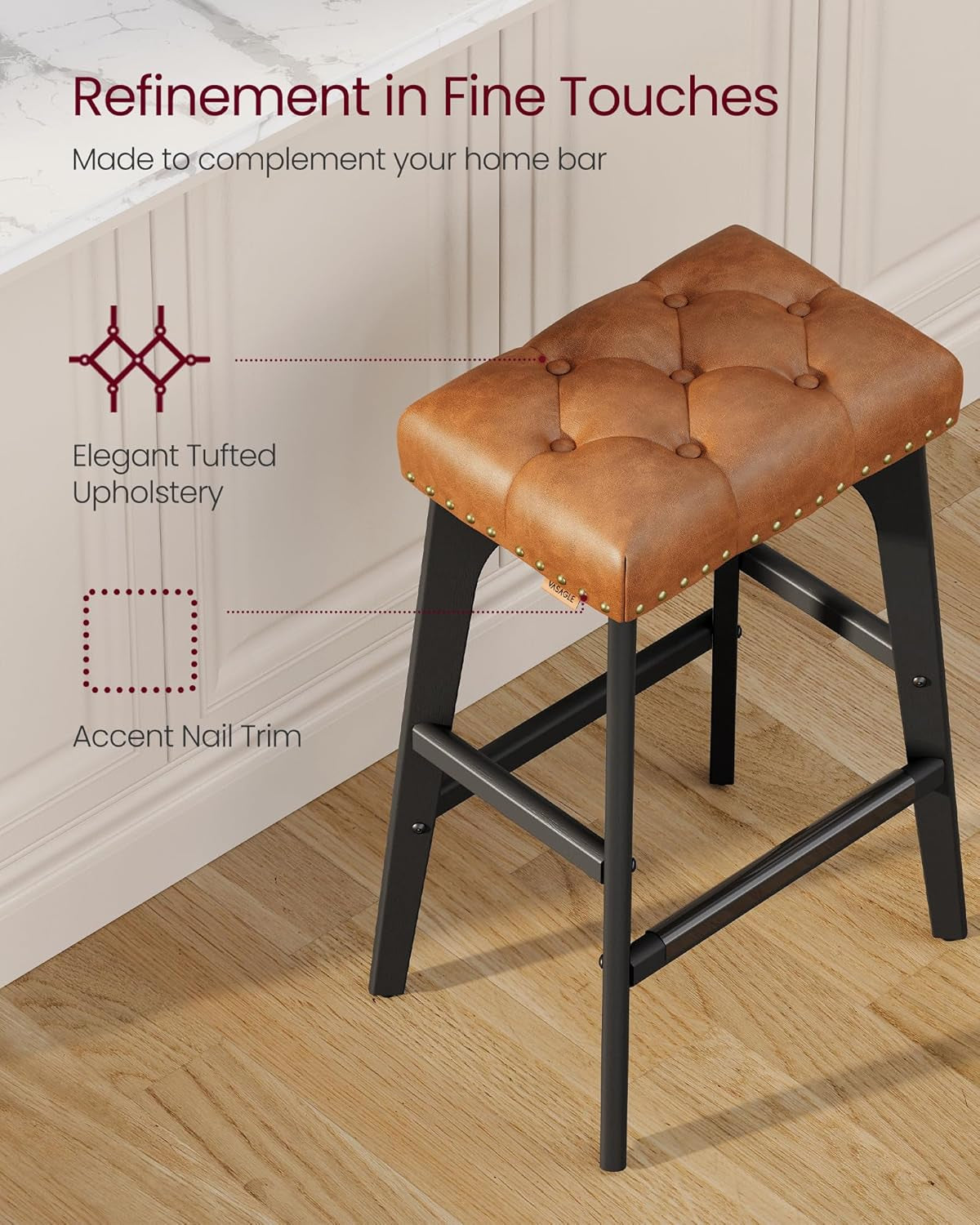 Bar Stools Set of 2, Saddle Counter Height Bar Stools, 26-Inch Backless Kitchen Stools with Wood Legs, PU Leather Thickened Upholstered Barstools for Kitchen Island Dining Room, Coffee Brown