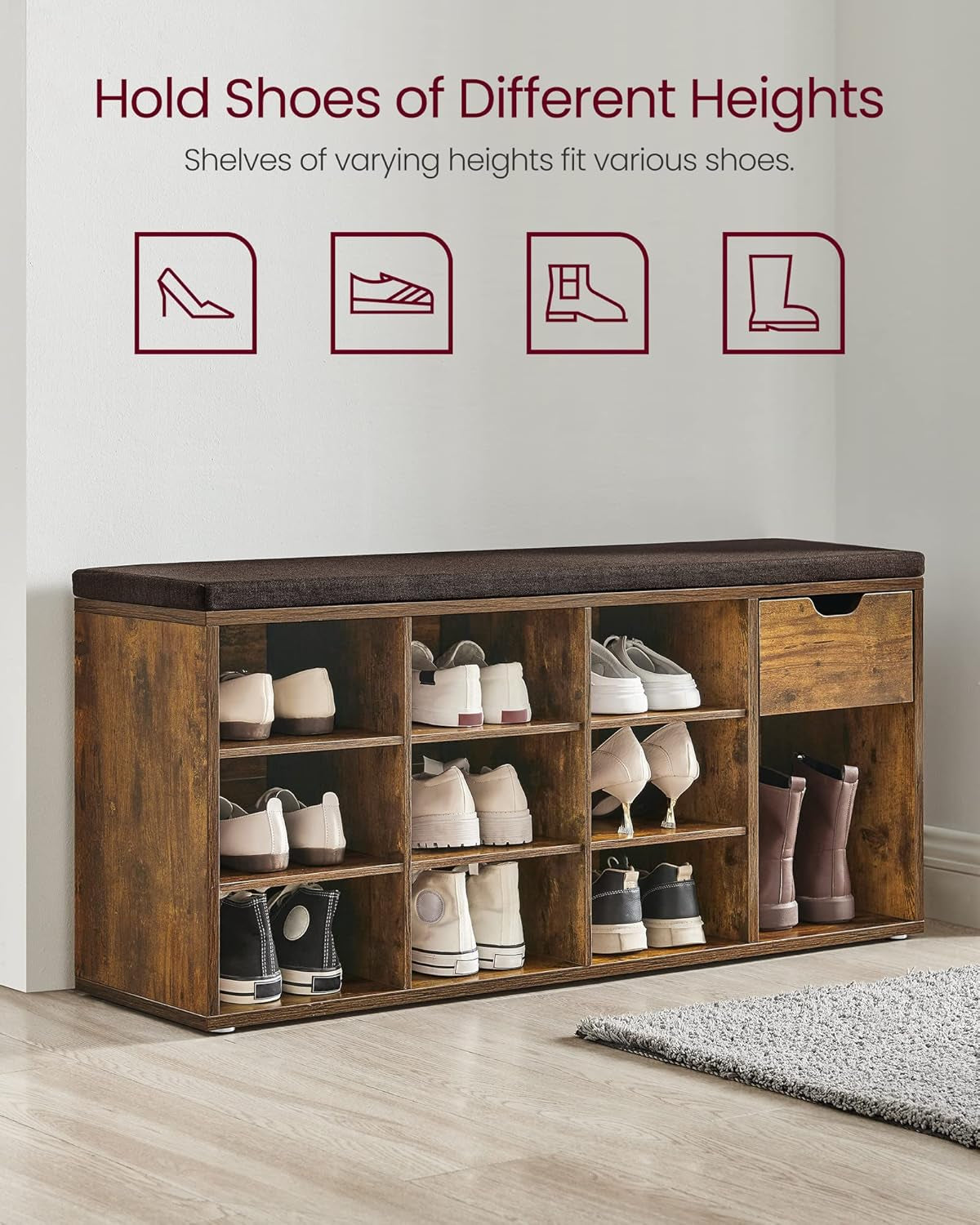 CUSTOS Collection - Shoe Bench, Storage Bench with Padded Seat, Entryway Bench with 15 Compartments, for Bedroom, 11.8 X 40.9 X 18.9 Inches, Heather Greige and Cappuccino Beige ULHS024K02