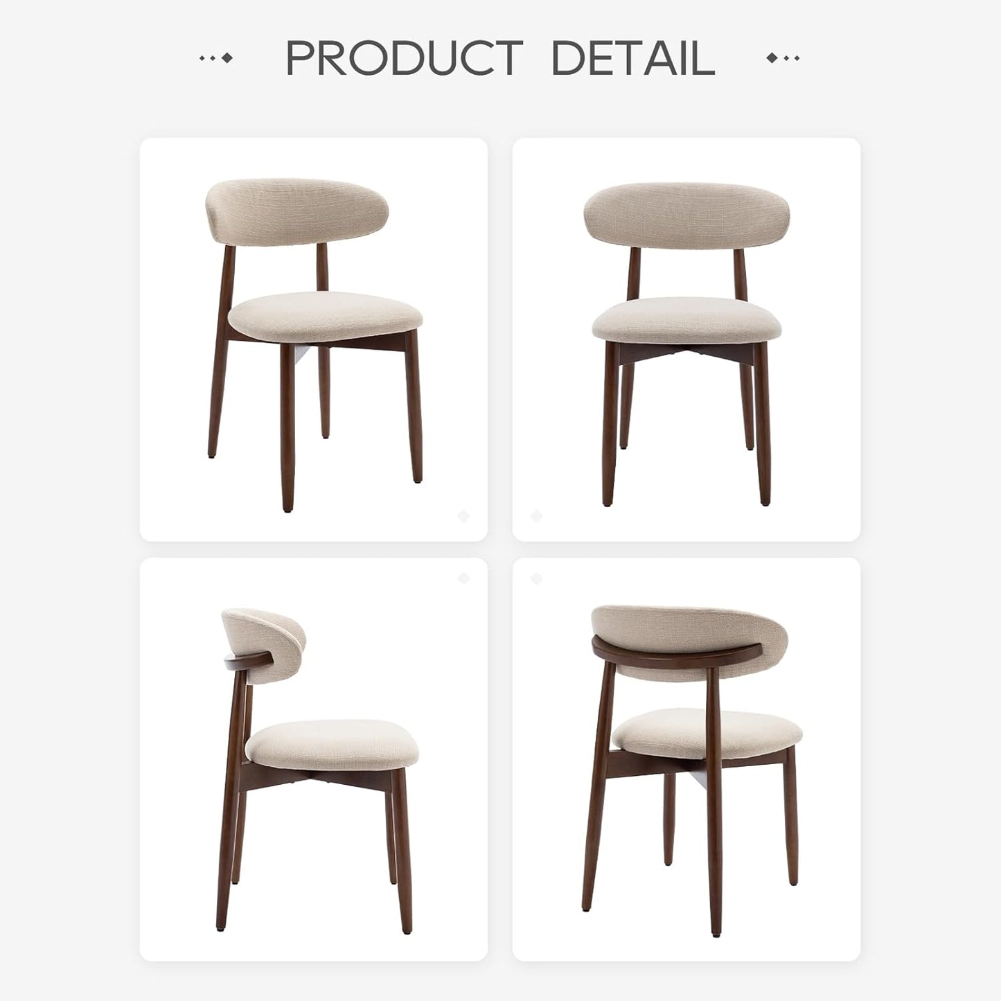 Set of four beige upholstered farmhouse wooden dining chairs, view 9