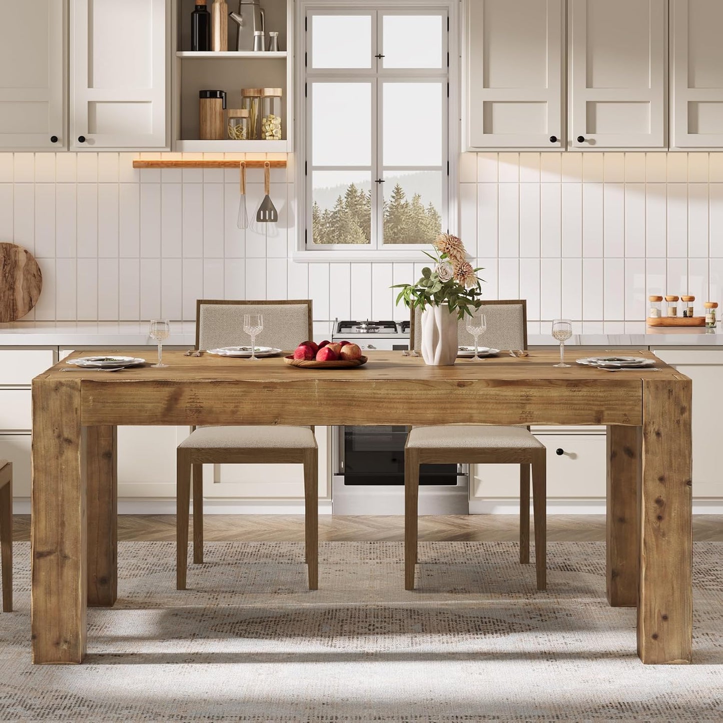 Solid Wood Dining Table for 6, 63-Inch Farmhouse Kitchen Table with Heavy Duty Legs, Rectangular Wood Dinner Table for Dining Room, Living Room (Rustic Brown)