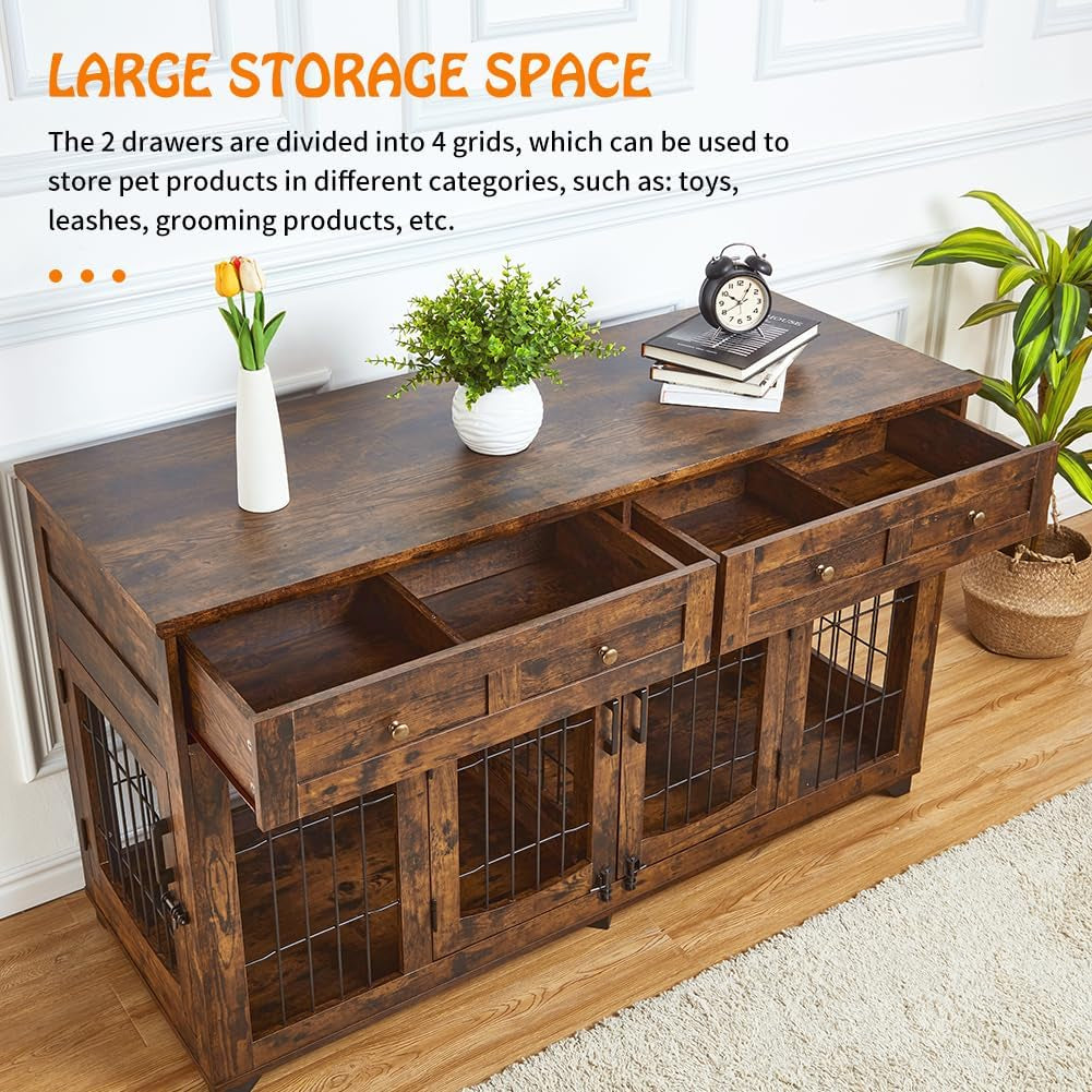 58 Inch Large Dog Crate Furniture - 2-Room Wooden Dog Kennel for 2 Dogs/Large Breeds, Crate TV Stand End Table with Storage Drawers, Indoor Dog House with Openable Divider