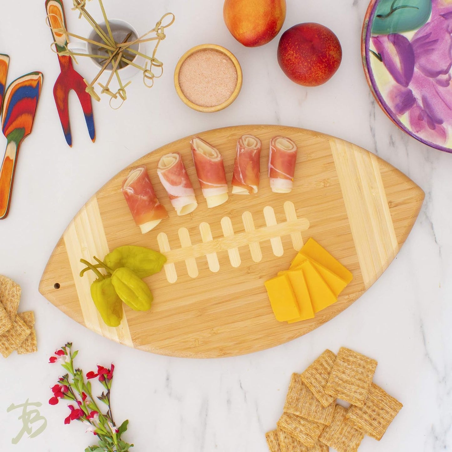 Football Shaped Bamboo Wood Cutting Board and Charcuterie Board, Great Gift for Football Fans