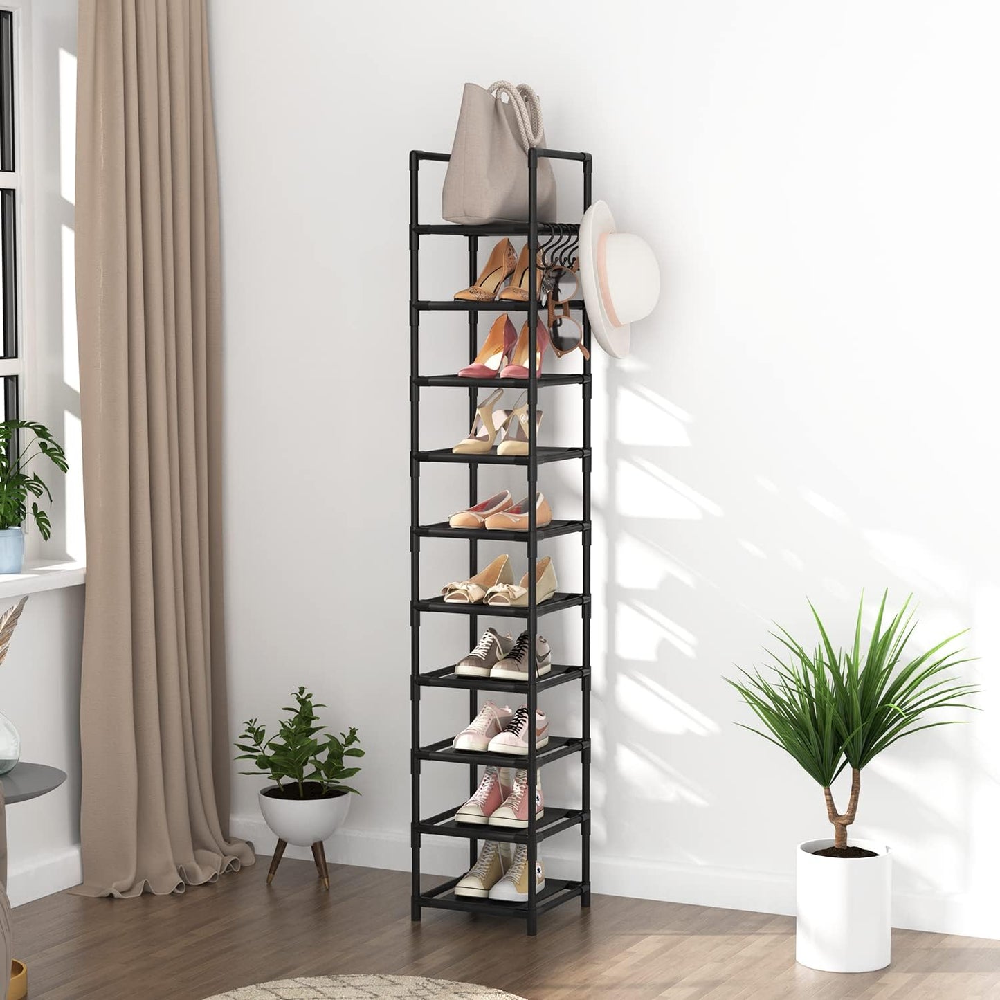 Tall narrow 10 tier metal shoe rack for entryway, view 7