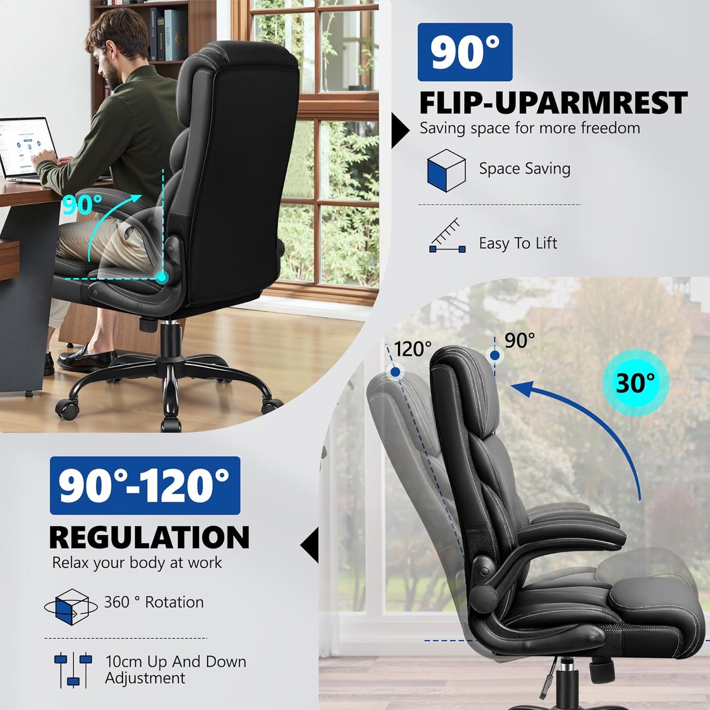PU Leather Executive Office Chair, Ergonomic High-Back Computer & Gaming Chair with Adjustable Height, Rolling Swivel & Flip-Up Armrests, Comfy Padded Seat for Home Office-Black