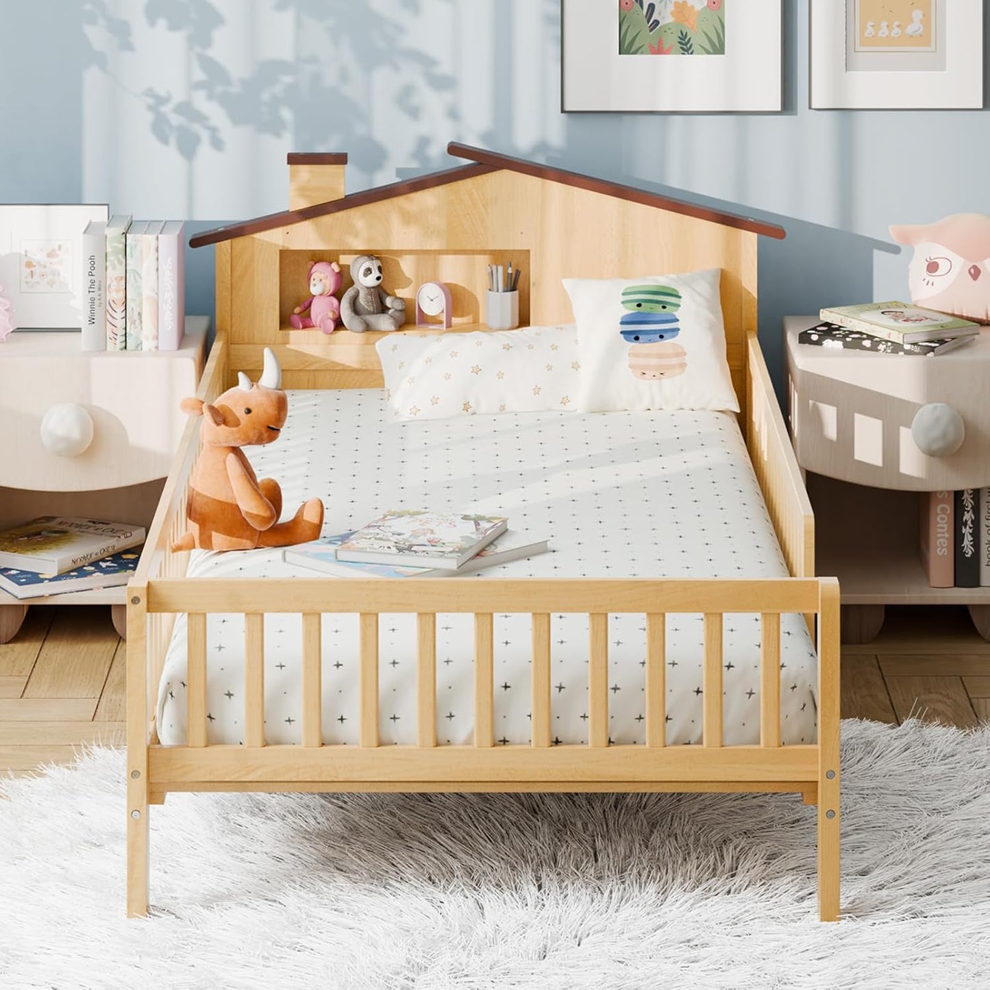 Twin Size Kids Bed with Storage - Solid Wood House Headboard & Safety Guardrails, Space-Saving Bed Frame, No Box Spring, Natural Brown