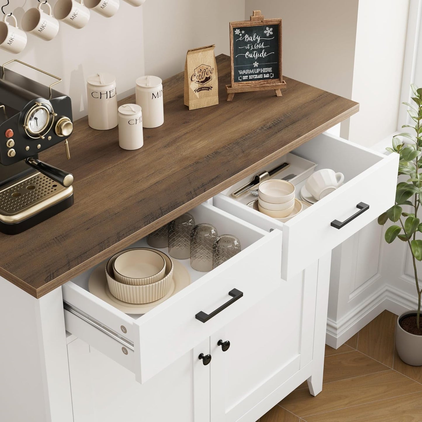 Kitchen Storage Cabinet, Modern Farmhouse Buffet Cabinet with Storage, Coffee Bar with 2 Drawers and 2 Doors, Floor Sideboard Buffet for Living Room, Dining Room, Bathroom, Ivory White