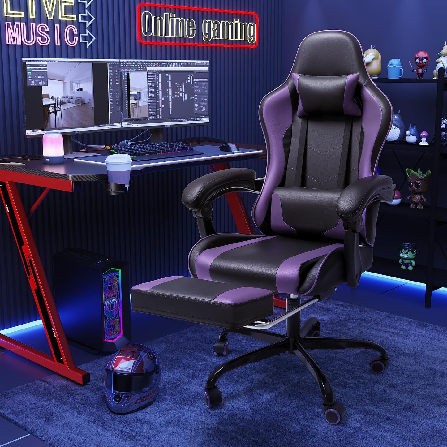 Gaming Chair with Footrest and Massage Lumbar Support, Computer Chairs, Video Racing Seat Height Adjustable with 360°Swivel and Headrest for Office or Bedroom, Purple