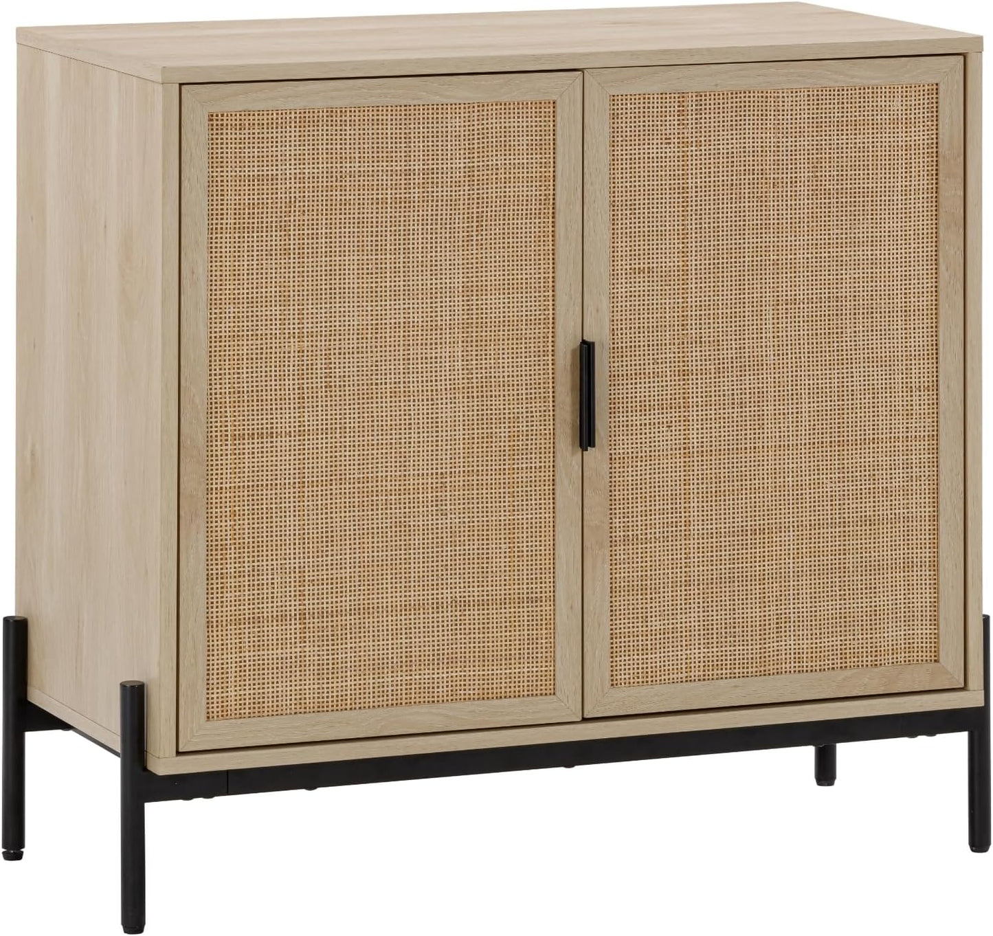 Andrew Bohemian Entryway Storage Cabinet or Kitchen Sideboard Credenza, Rattan Accent Cabinet with Metal Legs, Light Oak/Matte Black