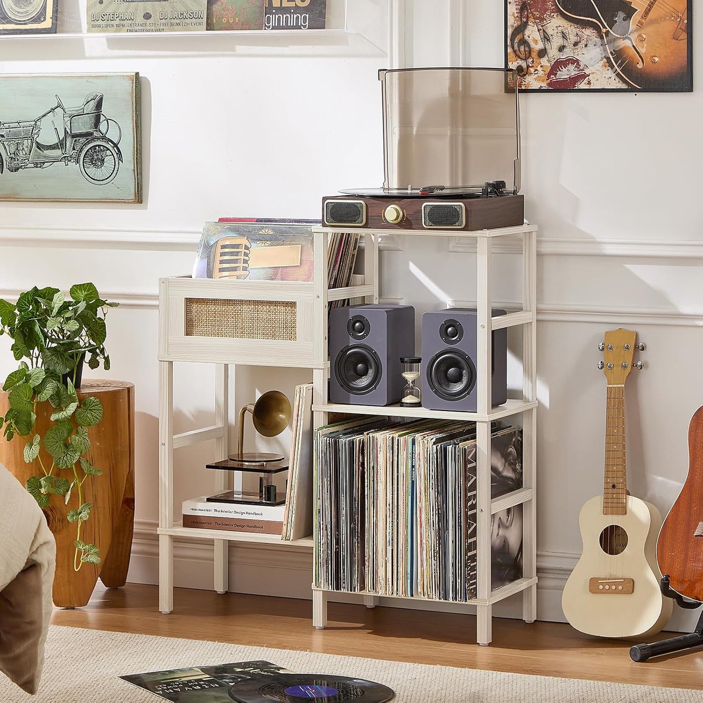 Record Player Stand, White Cream Oak Wood Record Holder with Vinyl Storage Holds up to 300+ Albums, 3-Tier Rattan Media Table with Vinyl Display Shelf, Record Storage Cabinet for Living Room