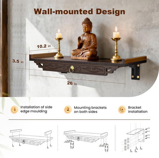26" Wall-Mounted Altar Shelf, Supports up to 100 Lbs, with Extendable Drawer Bamboo Wall Altar, Antique-Style Carved Buddhist Altar for Incense and Pray