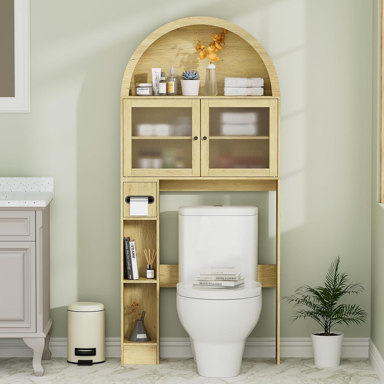 Over the Toilet Storage Cabinet, 31''W Arched Space-Saving Bathroom Organizer with Adjustable Shelf and Acrylic Doors, Freestanding over Toilet Cabinet for Bathroom, Laundry, Restroom (Oak Wood)