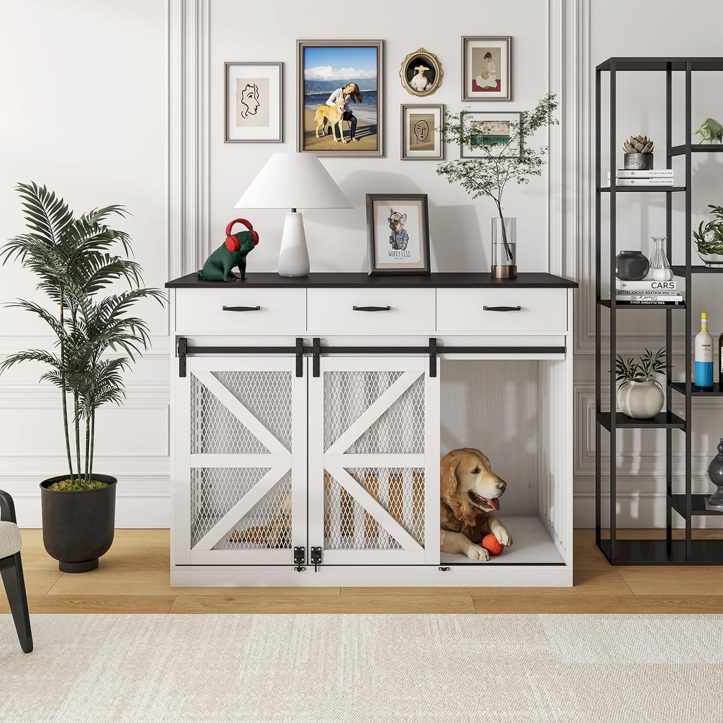 48'' Dog Crate Furniture with Divider&Storage Drawers, Wooden Double Dog Kennel Furniture End Table with Sliding Barn Doors, White Double Dog Crate TV Stand