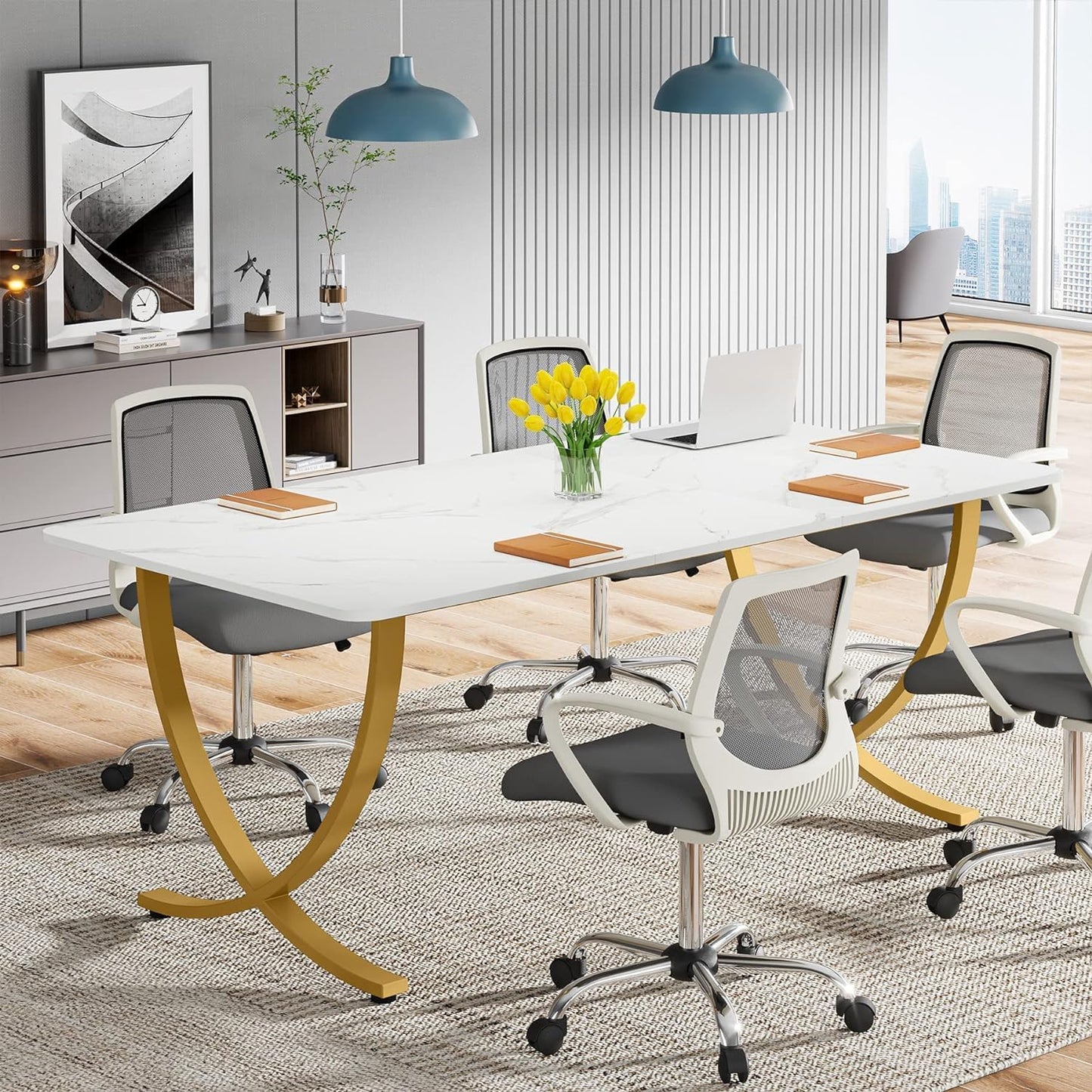 Executive Desk, 63” W X 31.5” D Large Office Desk, Modern Computer Desk Conference Table Meeting Room Table, Business Furniture for Home Office, White and Gold