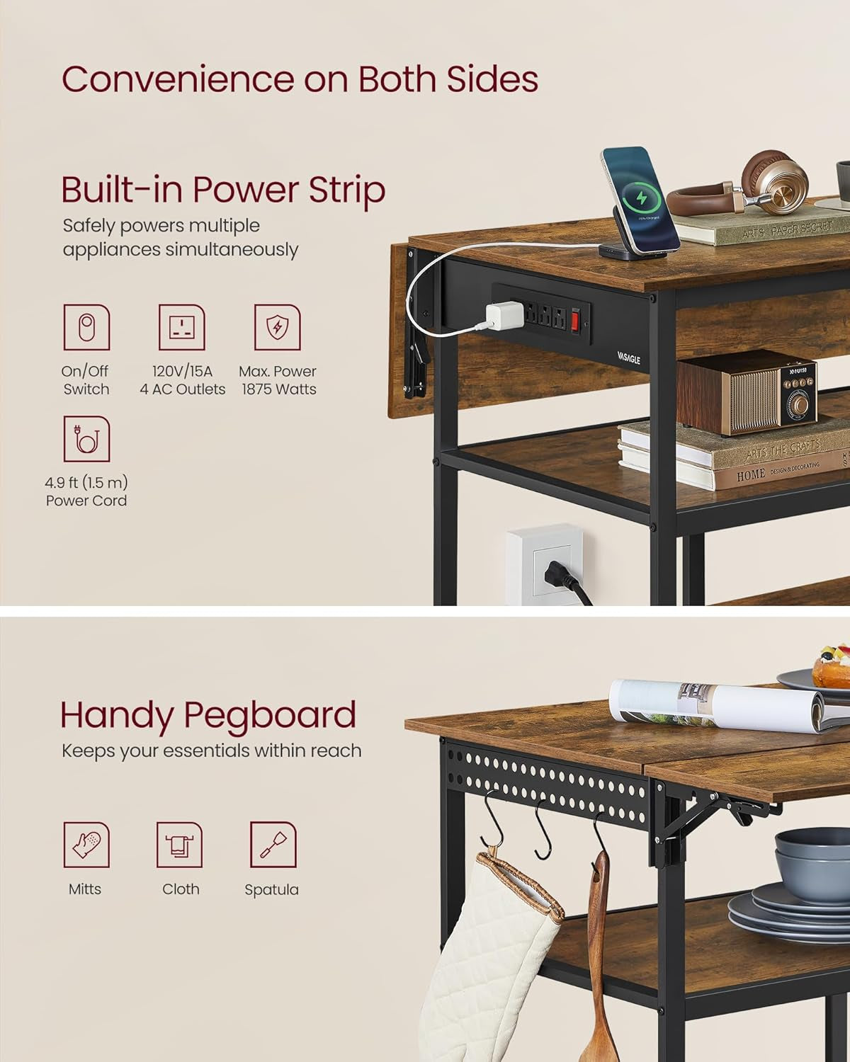 Kitchen Island with Drop Leaf, 47.2" Width Rolling Kitchen Cart with Power Strip, Extendable Worktop, Workbench,Pegboard, Adjustable Shelf, Golden Oak and Cloud White UKKI013Y01