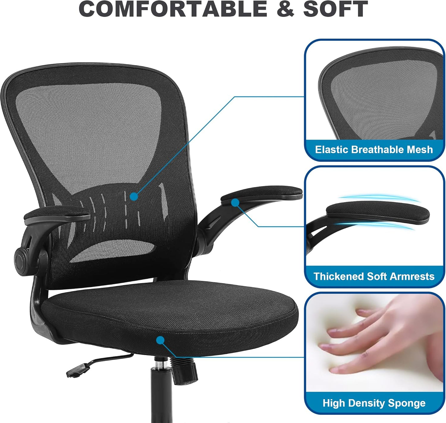 Mesh Office Chair, Ergonomic Home Office Desk Chairs with Flip-Up Arms and Lumbar Support, Height Adjustable, Black