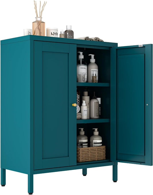 Metal Bathroom Cabinet, Small Floor Storage Cabinet, Freestanding Sideboard with 2 Adjustable Shelves for Living Room, Dinging Room (Blue, 31.5" H-2 Doors)