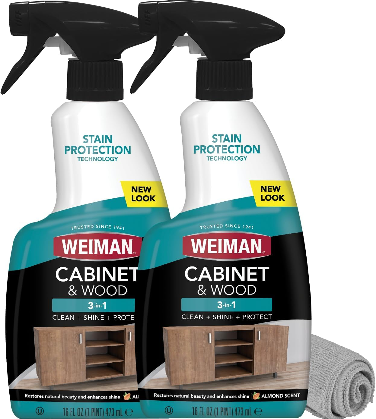Cabinet and Wood Cleaner, Shine, Clean and Protect Spray - for Wood Cabinets, Furniture, Tables, Baseboards, Trim and More, 16 Oz, 2 PACK with Microfiber Towel