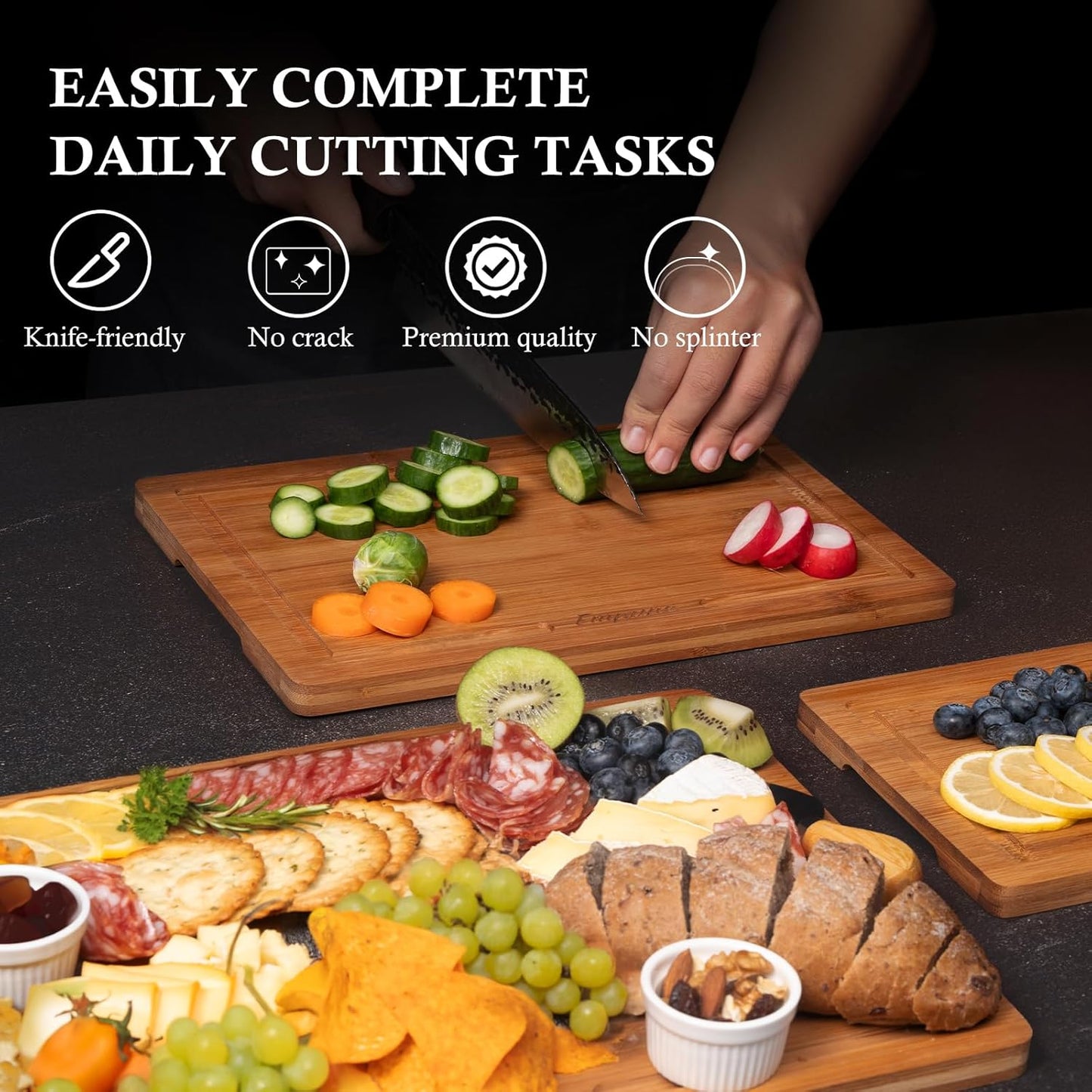 Bamboo Cutting Board Set, Wood Cutting Boards for Kitchen with Holder Wooden Chopping Board for Meal Prep & Serving, Brown