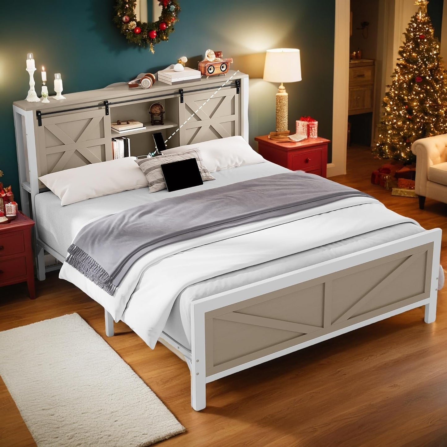 Farmhouse King Size Bed Frame with Headboard, Bookcase Storage Shelves, Sliding Barn Door, Charging Station, Rustic Wood Platform Bed, No Box Spring Needed, Oak