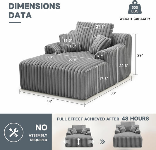 63" Oversized Chaise Lounge Chair Indoor, Boneless Couch Chair with 3 Pillows, Comfy Reading Chair with Wide Arms, No Assembly Required Corduroy Couch, Sleeper Sofa for Living Room, Gray