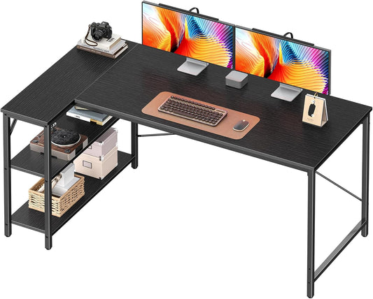 L Shaped Desk, 55 Inches Computer Desk with Reversible Storage Shelves, for Gaming Corner Home Office Writing Study, Metal Frame, Black