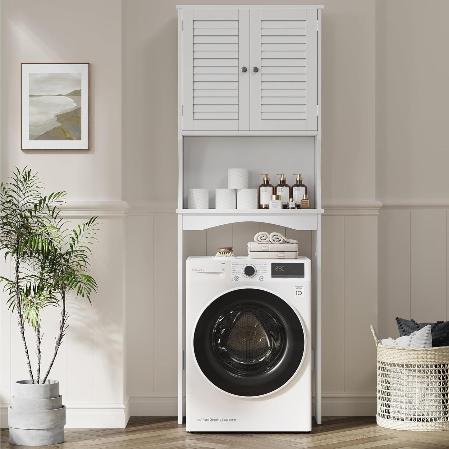 Over the Toilet Storage Cabinet, 3-Tier Freestanding Organizer, Bathroom Storage Cabinet Organize,Adjustable Shelves, Double Louvered Doors, Space-Saving Storage, White