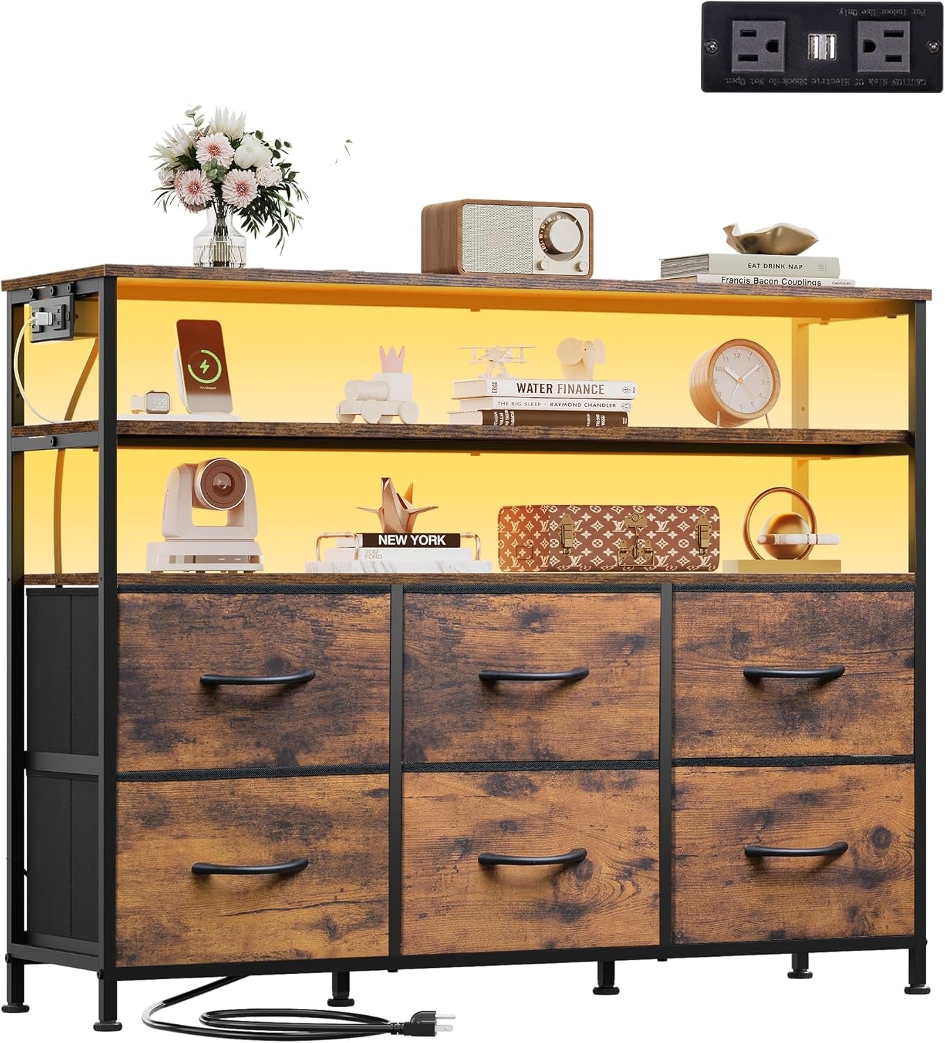 TV Stand for 40, 45 Inch TV, Entertainment Center with LED Lights & Charging Station, TV Media Console Table with 6 Fabric Drawers and Open Shelves for Living Room, Hallway, Rustic Brown