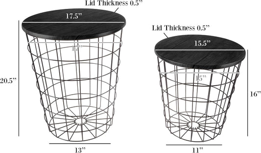 End Tables Set of 2 - Nesting Tables with Removable Wood Tops and Metal Basket Bases for Blanket Storage - round Side Pieces for Living Room, Bedroom, or Home Office by (Black)
